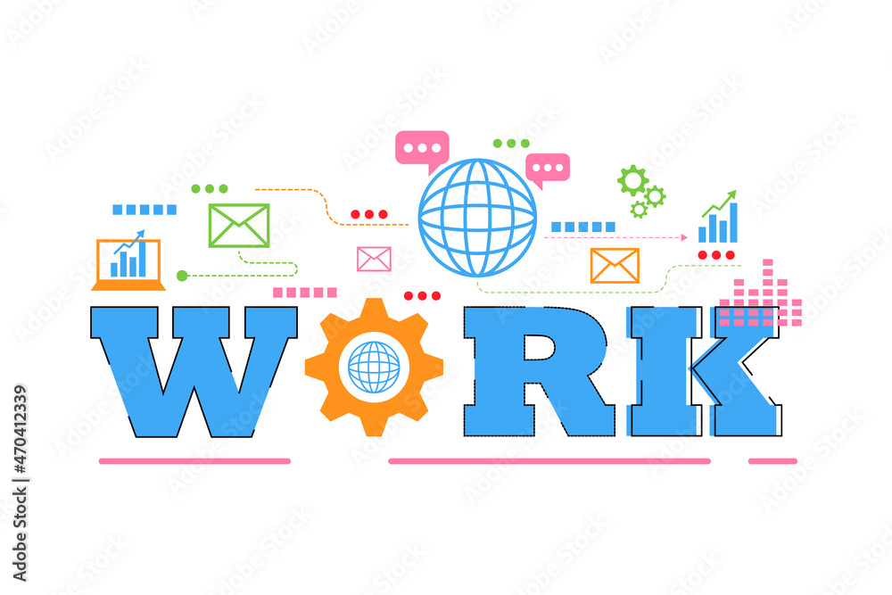 The letter or word of work with the icon for presentation, web banner, article. Connecting, learning, meeting, and idea. Work online concept.