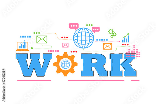 The letter or word of work with the icon for presentation, web banner, article. Connecting, learning, meeting, and idea. Work online concept.