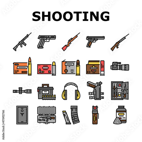 Shooting Weapon And Accessories Icons Set Vector. Pepper Spray And Ammo Box, Centerfire And Rimfire Pistol, Night Vision Scope And Ear Muffs For Shooting Gun Line. Color Illustrations