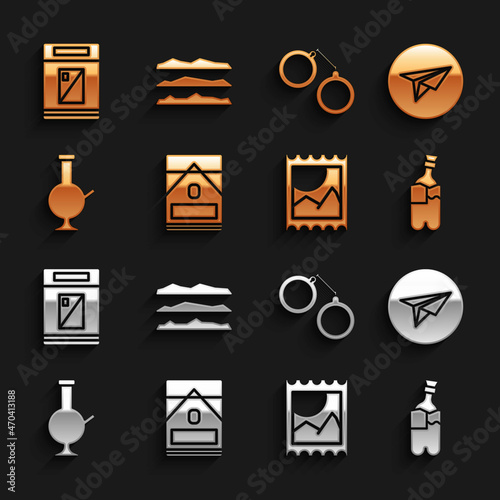 Set Cigarettes pack box, Messenger, Bong for smoking marijuana, LSD acid mark, Glass bong, Handcuffs, and Cocaine heroin drug icon. Vector