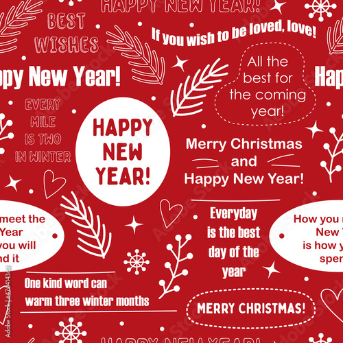 New year and merry christmas vector seamless lettering pattern, handwritten quotes and words on red background