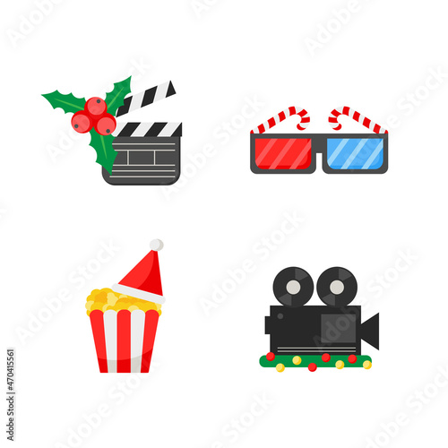 Christmas cinema. Set of Christmas icons - movie theme. Colored cartoon design isolated on white background.