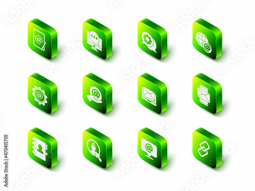 Set Chat messages notification on monitor, Speech bubble chat, Earth globe with mail, Mobile and envelope, Chain link, Laptop, Mail e-mail and Create account screen icon. Vector