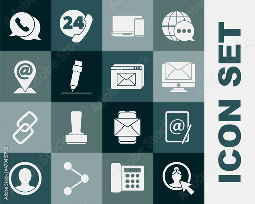 Set Create account screen, Mail and e-mail, Monitor envelope, phone, Pencil with eraser, Location, Telephone speech bubble chat and Website icon. Vector