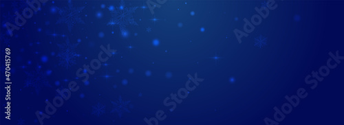 Glow Snowflake Vector Pnoramic Blue Background.