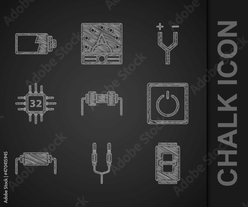 Set Resistor electricity, Audio jack, Electric light switch, Processor with microcircuits CPU, cable and Battery charge level indicator icon. Vector