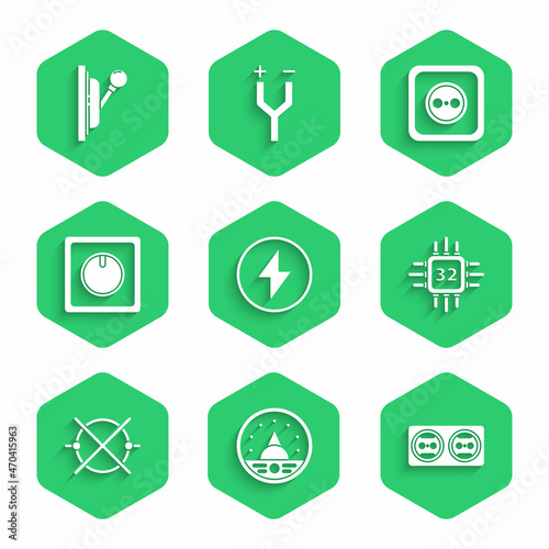 Set Lightning bolt, Ampere meter, multimeter, voltmeter, Electrical outlet, Processor with microcircuits CPU, scheme, light switch, and panel icon. Vector
