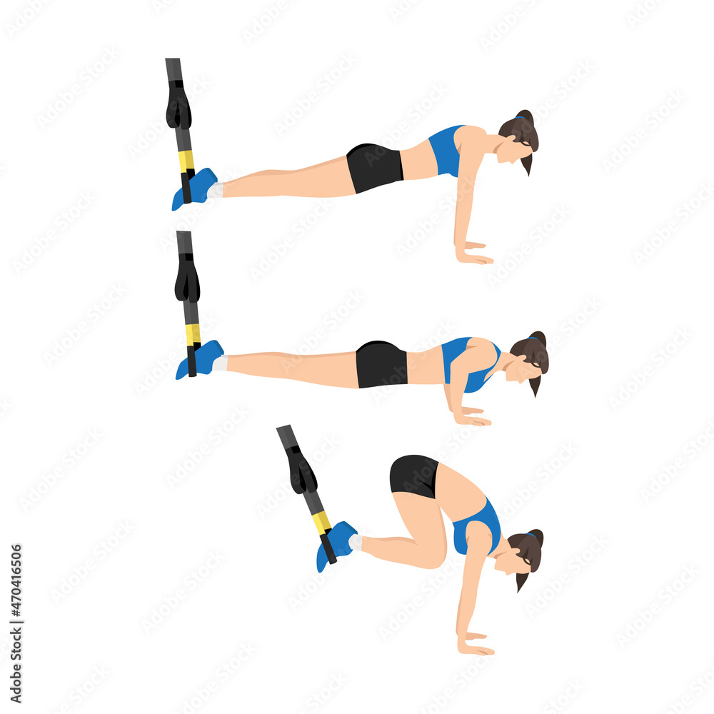 Woman character doing TRX Suspension straps atomic push ups flat vector illustration isolated on different layers