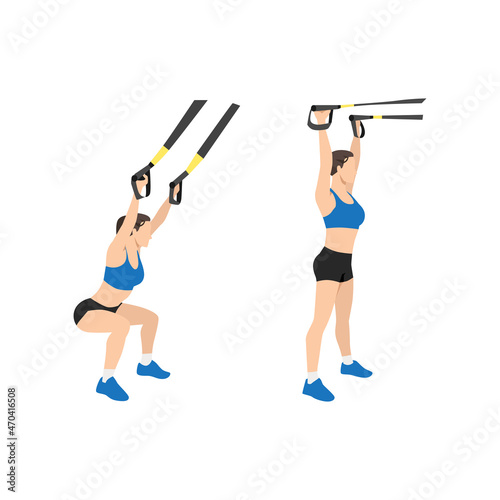 Woman doing TRX Suspension straps overhead squats exercise. Flat vector illustration isolated on white background