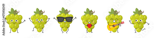 Set bunch grapes greeting jumping loves sings running cute funny character cartoon smiling face happy joy emotions ripe juicy symbol wine beautiful icon vector illustration.