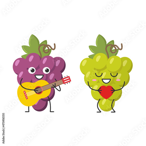 Two branches of grapes character cartoon plays the guitar sings love sign heart favorite smiling face happy joy emotions ripe juicy beautiful vector illustration.