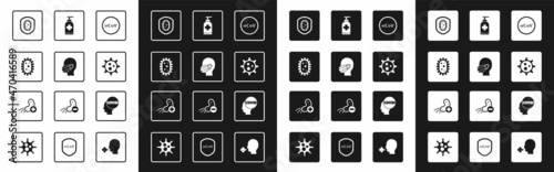 Set Corona virus 2019-nCoV, Face in medical protective mask, Virus, Shield protecting from, Bottle of liquid antibacterial soap, covid-19 and Positive icon. Vector