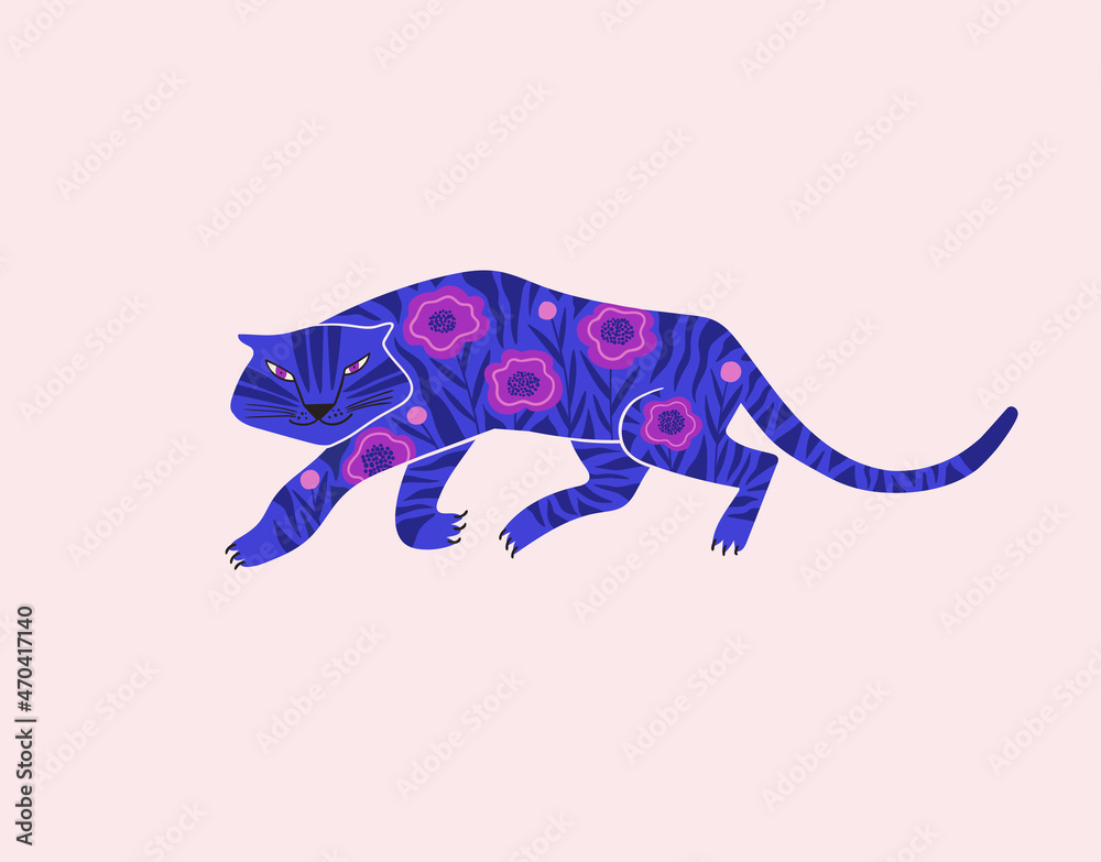 Folk art floral decorated tiger illustration Folk art floral decorated tiger illustration