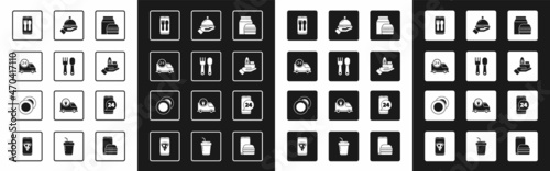 Set Online ordering and burger delivery, Fork spoon, Fast by car, Covered with tray of food, Food and Plate icon. Vector