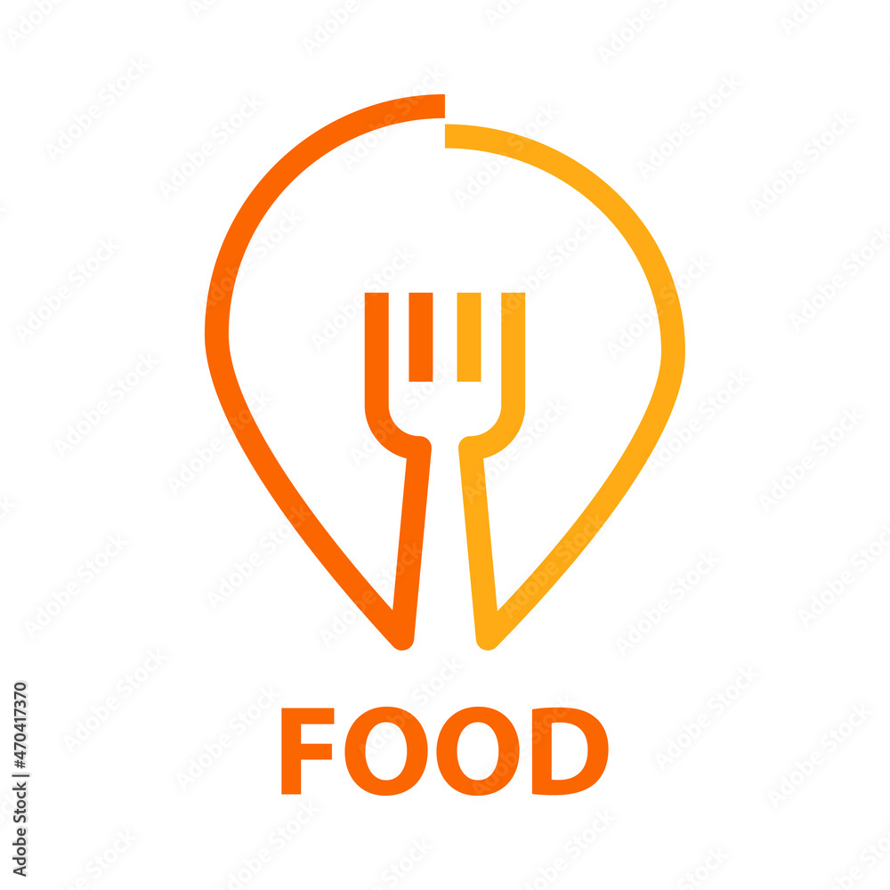 Fototapeta premium Banner con texto Food con puntero de posición con tenedor con lineas en color naranja