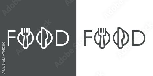 Banner con texto Food con letra O con forma de plato con tenedor y cuchillo con lineas en fondo gris y fondo blanco