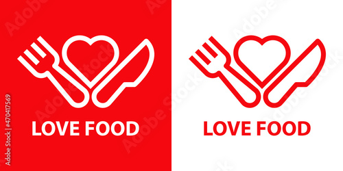 Logotipo con texto Love Food con silueta de tenedor y cuchillo con corazón con lineas en fondo rojo y fondo blanco
