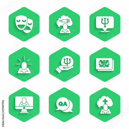 Set Psychology, Psi, Question and Answer, Man graves funeral sorrow, Rorschach test, Psychologist online, Depression, and Comedy tragedy masks icon. Vector