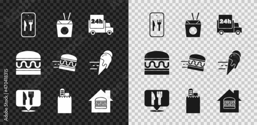 Set Online ordering and delivery, Asian noodles chopsticks, Fast by car, Cafe restaurant location, Burger and burger icon. Vector