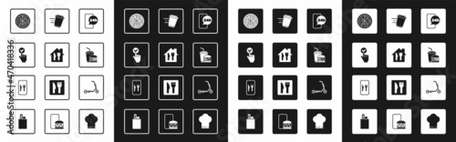Set Food ordering, Online and delivery, Pizza, Paper glass burger, Coffee cup to go, Scooter and icon. Vector