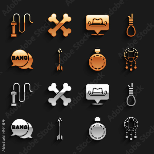 Set Crossed arrows, Gallows rope loop hanging, Dream catcher with feathers, Canteen water bottle, Bang boom, gun Comic, Location cowboy, Leather whip and human bones icon. Vector