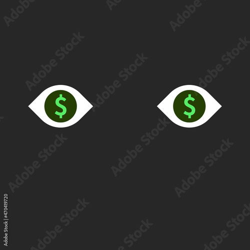 Eyes with dollar signs in darkness. Greed, crime, theft, obsession, envy and vision concept. Flat design. EPS 8 vector illustration, no transparency, no gradients