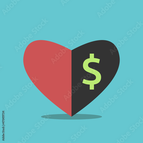 Heart of halves and dollar sign. Corruption, greed, happiness, wealth, relationship, love and money concept. Flat design. EPS 8 vector illustration, no transparency, no gradients