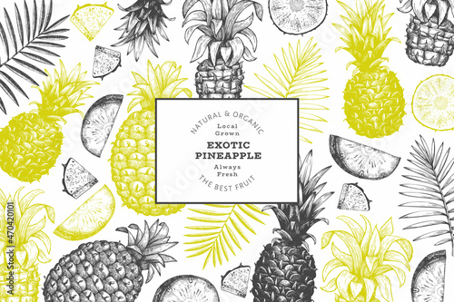 Hand drawn sketch style pineapple banner. Organic fresh fruit vector illustration. Engraved style botanical design template.