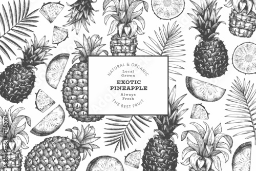 Hand drawn sketch style pineapple banner. Organic fresh fruit vector illustration. Engraved style botanical design template.