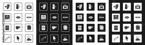 Set First aid kit, Reddish eye, Lungs x-ray, Deaf, Bone pain, Abdominal bloating, Psoriasis or eczema rash and Eye test chart icon. Vector