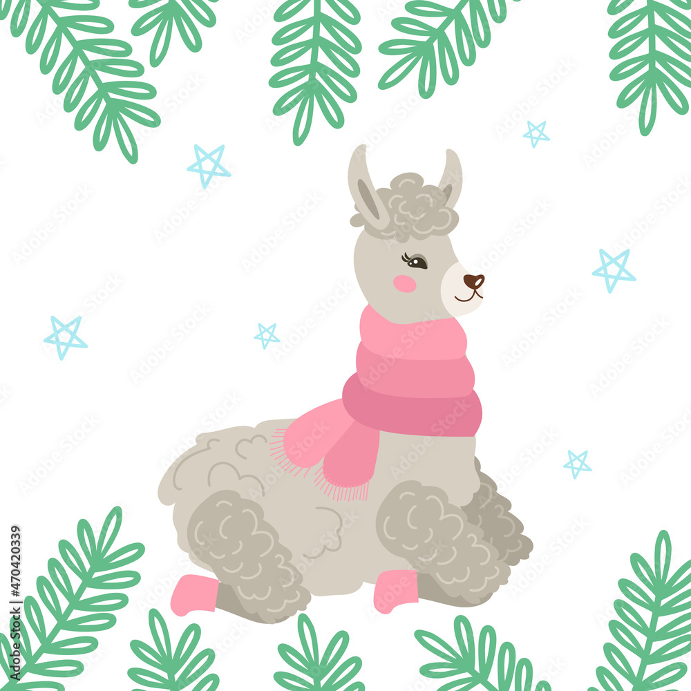 Christmas card with a cute gray llama or alpaca in winter, sitting in a warm scarf and felt boots. Decorated with spruce branches. Vector cozy illustration.