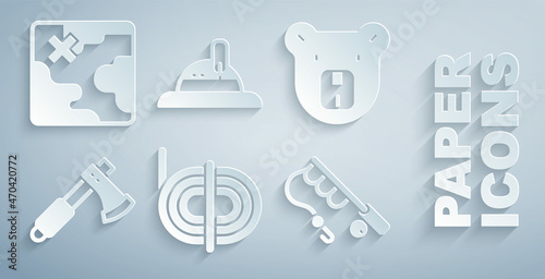 Set Climber rope, Bear head, Wooden axe, Fishing rod, Hunter hat and Africa safari map icon. Vector