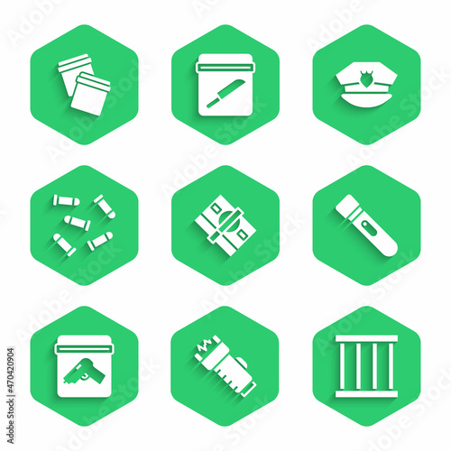 Set Stacks paper money cash, Police electric shocker, Prison window, Flashlight, Evidence bag with gun, Bullet, cap cockade and Plastic ziplock icon. Vector
