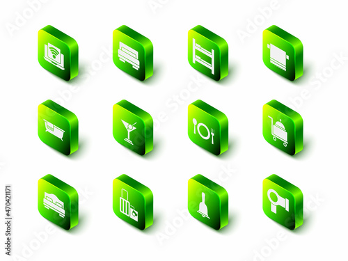 Set Hotel room bed, Towel on hanger, Covered with tray, Hair dryer, Plate, fork and knife, service bell and Suitcase icon. Vector