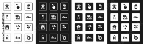 Set Jar of honey, Soil ph testing, Water tower, Farmer the hat, Pickup truck, Apple, Rooster weather vane and house icon. Vector