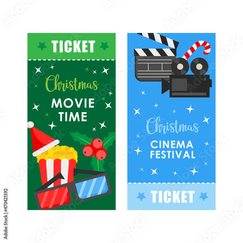 Christmas Cinema concept poster or ticket template with popcorn and cinema equipment