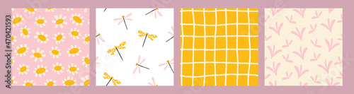 Summer seamless pattern collection - floral, dragonflies and gingham. Cute hand drawn insects in trendy pastel colors. Sweet funny scandinavian prints for kids textile. Delicate and trendy design.