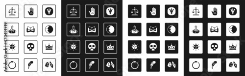 Set Neptune planet, Ancient magic book, Poison in bottle, Libra zodiac, Moon, Hamsa hand, King crown and Sun icon. Vector