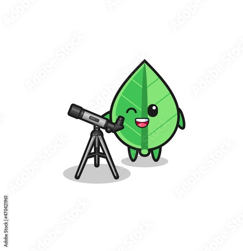leaf astronomer mascot with a modern telescope