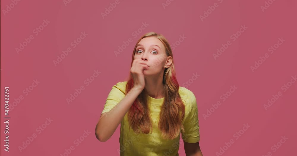Shh gesture. Pretty girl gesturing for silent, showing hush sign, ask to keep secret stay quiet, holding finger on lips