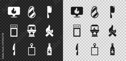 Set Location with fire flame, Steak meat, Meat chopper, Barbecue knife, Cutting board, Tabasco sauce, Matchbox and matches and Brick stove icon. Vector