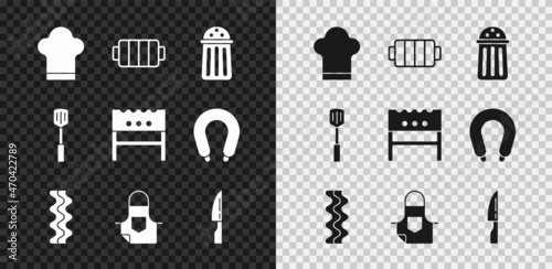 Set Chef hat, Barbecue grill, Salt, Bacon stripe, Kitchen apron, knife, spatula and BBQ brazier icon. Vector