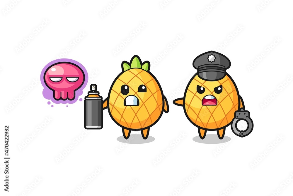 Fototapeta premium pineapple cartoon doing vandalism and caught by the police