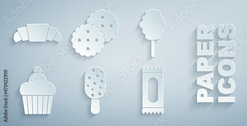 Set Ice cream, Cotton candy, Cake, Candy, Cookie or biscuit and Croissant icon. Vector