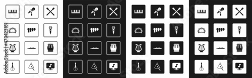 Set Drum sticks, Pan flute, Tambourine, Music synthesizer, Microphone, and Ancient lyre icon. Vector