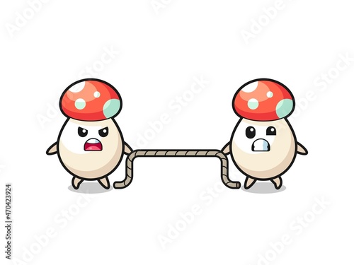 cute mushroom character is playing tug of war game