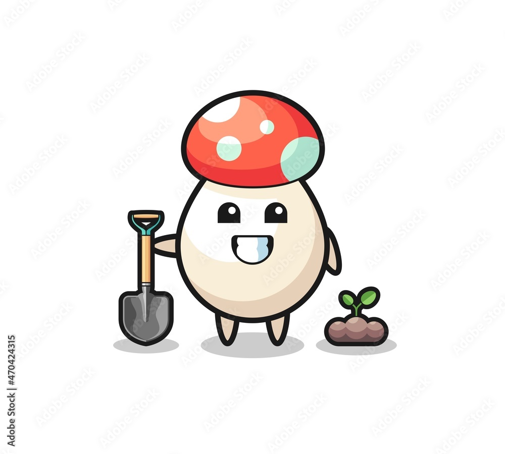 cute mushroom cartoon is planting a tree seed