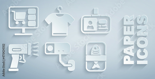 Set Security camera, Identification badge, Scanner scanning bar code, Fish plastic tray container, T-shirt and Shopping cart computer icon. Vector