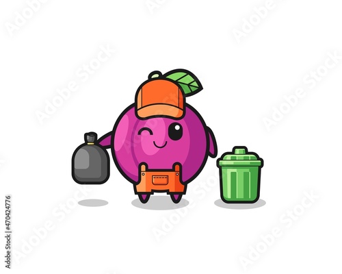 the mascot of cute plum fruit as garbage collector