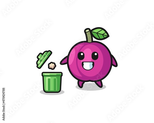 illustration of the plum fruit throwing garbage in the trash can
